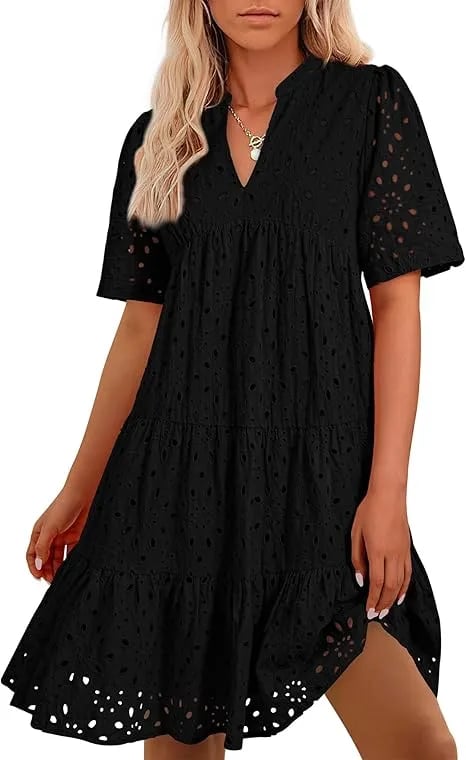 Women's V Neck Short Sleeve Hollow Out Mini Vacation Dress