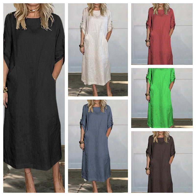 Women's Cotton and Linen Solid Color Loose Dresses