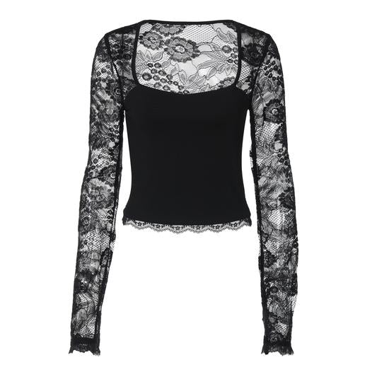 💖Women's Solid Color T-Shirt – Floral Lace, Split Ruffles & Sheer Sleeves for a Romantic Look ✨