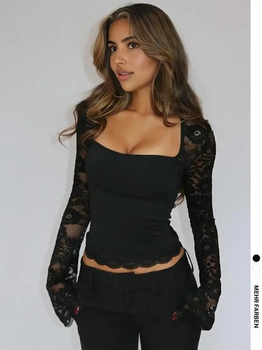 💖Women's Solid Color T-Shirt – Floral Lace, Split Ruffles & Sheer Sleeves for a Romantic Look ✨