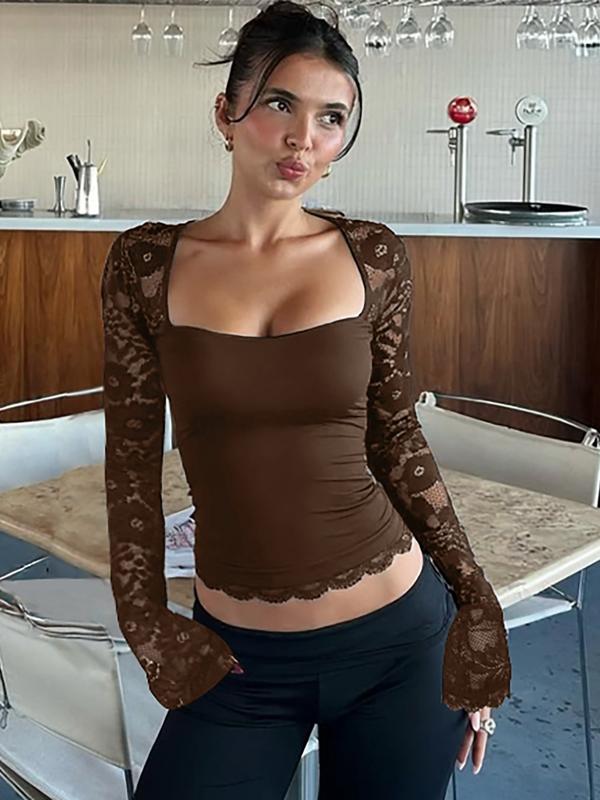 💖Women's Solid Color T-Shirt – Floral Lace, Split Ruffles & Sheer Sleeves for a Romantic Look ✨
