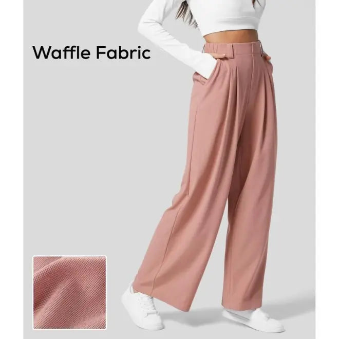2024 High Waisted Plicated Side Pocket Wide Leg Waffle Casual Pants