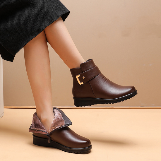 Genuine Leather Metal Buckle Velvet Boots