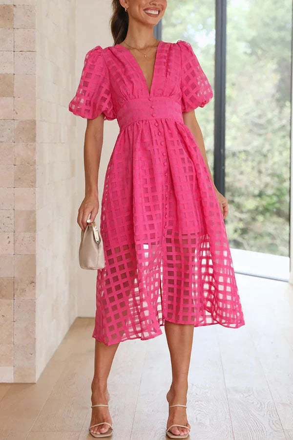 🔥Time-limited promotion 49% OFF🔥 Beauty Square Patterned Fabric Puff Sleeve Midi Dress