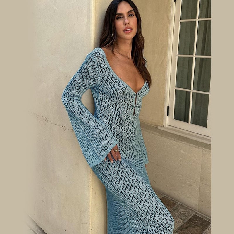 Crochet Fishtail Flare Sleeve Maxi Dress (Buy 2 Free Shipping)