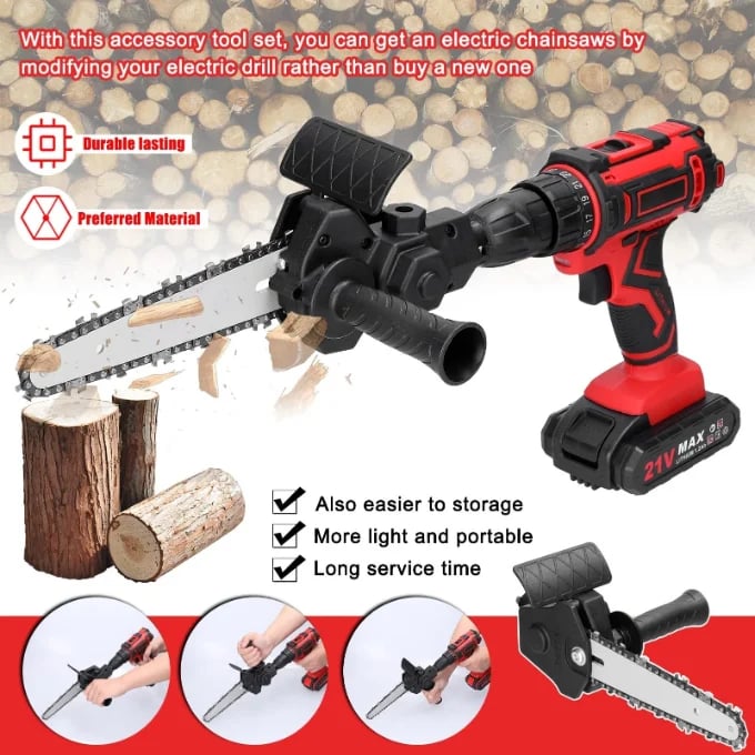 ELECTRIC DRILL MODIFIED TO ELECTRIC CHAINSAW DRILL ATTACHMENT