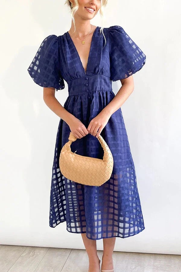 🔥Time-limited promotion 49% OFF🔥 Beauty Square Patterned Fabric Puff Sleeve Midi Dress