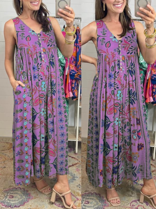 🔥 July Big Sales Save 49% OFF🔥-Vintage floral print loose sleeveless jumpsuit