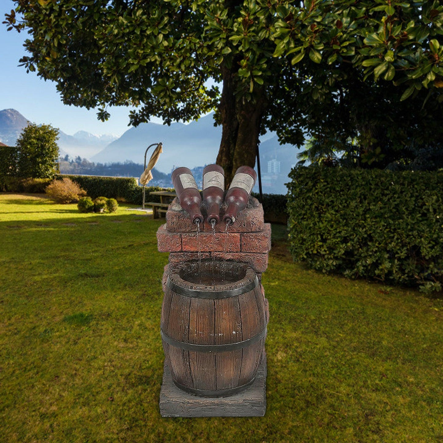 Resin Wine Bottle And Barrel Outdoor Water Fountain Sculpture Courtyard