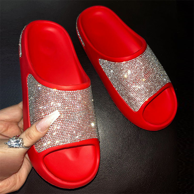 Beautiful Rhinestone Soft Thick Sole Summer Slides Slippers for Women