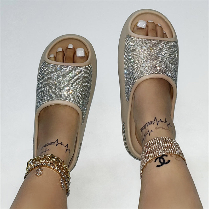 Beautiful Rhinestone Soft Thick Sole Summer Slides Slippers for Women