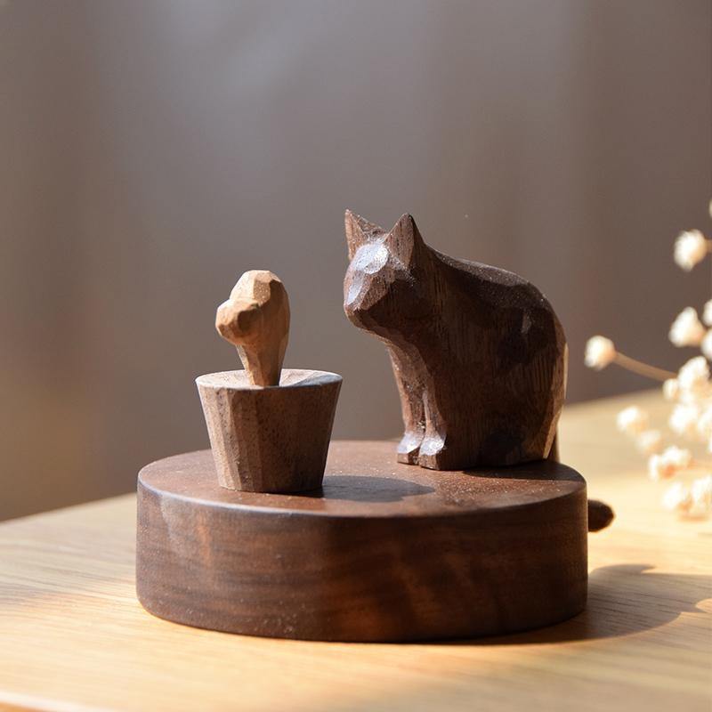 Wooden Hand-Carved Diffuser Decor for Essential oils Cat Meet with Meat DC